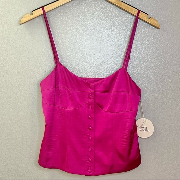 NWT Camila Coelho Polly Satin Button Front Camisole Top Very Berry Bright Pink - Picture 8 of 9